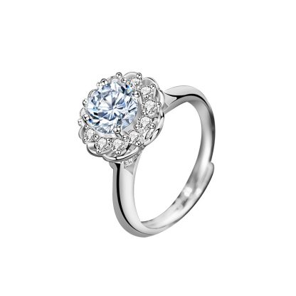 Office Round Moissanite CZ Flower 925 Sterling Silver Adjustable Ring