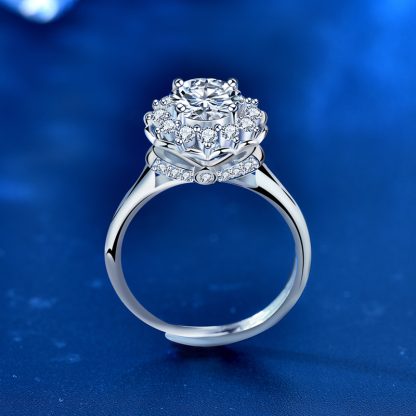 Office Round Moissanite CZ Flower 925 Sterling Silver Adjustable Ring