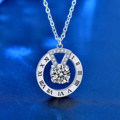 Fashion Moissanite CZ Roman Numeral Circle 925 Sterling Silver Necklace