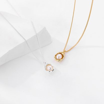 Elegant Women 925 Sterling Silver Chain Geometric Shell Pearl Pendant Necklace