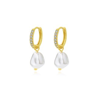 Women Elegant Fine Jewelry Geometric Design Cubic Zirconia 925 Sterling Silver Baroque Dangle Hoop Pearl Earrings