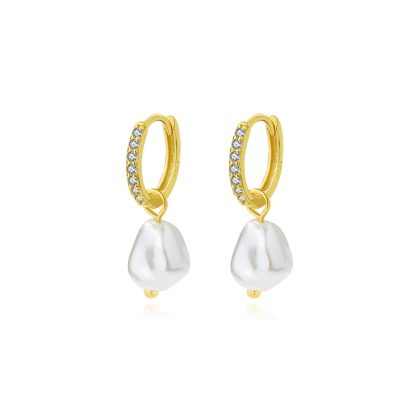 Women Elegant Fine Jewelry Geometric Design Cubic Zirconia 925 Sterling Silver Baroque Dangle Hoop Pearl Earrings