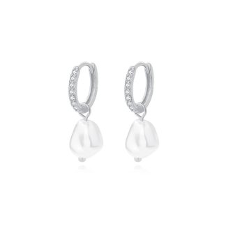 Women Elegant Fine Jewelry Geometric Design Cubic Zirconia 925 Sterling Silver Baroque Dangle Hoop Pearl Earrings