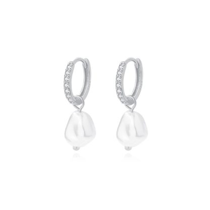 Women Elegant Fine Jewelry Geometric Design Cubic Zirconia 925 Sterling Silver Baroque Dangle Hoop Pearl Earrings