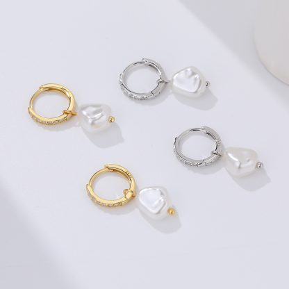 Women Elegant Fine Jewelry Geometric Design Cubic Zirconia 925 Sterling Silver Baroque Dangle Hoop Pearl Earrings