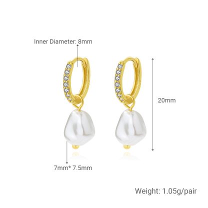 Women Elegant Fine Jewelry Geometric Design Cubic Zirconia 925 Sterling Silver Baroque Dangle Hoop Pearl Earrings
