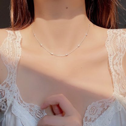 S925 Sterling Silver Geometric Bead Design Simple Elegant Minimalist Choker Necklace with Adjustable Length for Women Fashion Jewelry Gift