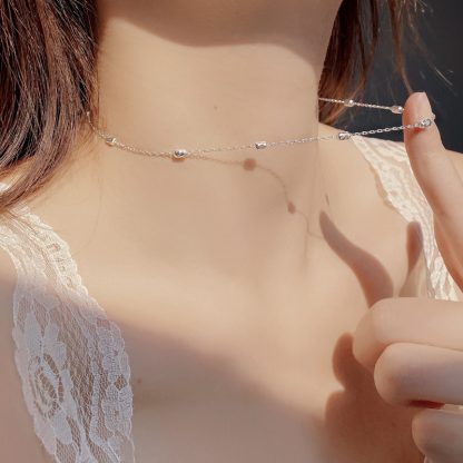 S925 Sterling Silver Geometric Bead Design Simple Elegant Minimalist Choker Necklace with Adjustable Length for Women Fashion Jewelry Gift