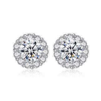Simple Round CZ Flower 925 Sterling Silver Studs Earrings