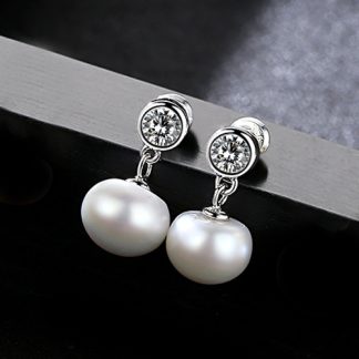 Half-Round Natural Pearl CZ 925 Silver Dangling Earrings