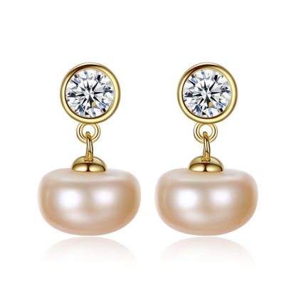 Half-Round Natural Pearl CZ 925 Silver Dangling Earrings