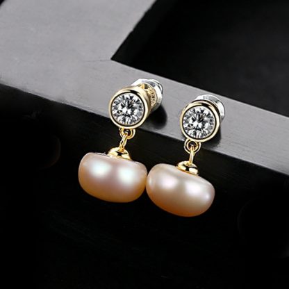Half-Round Natural Pearl CZ 925 Silver Dangling Earrings
