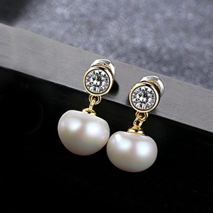 Half-Round Natural Pearl CZ 925 Silver Dangling Earrings