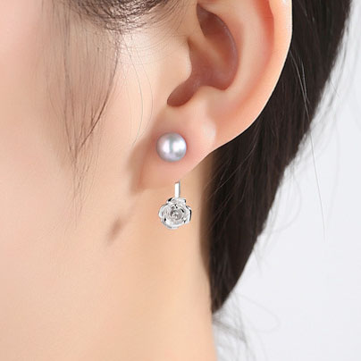 Rose Flower Natural Pearl 925 Silver Dangling Earrings