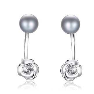 Rose Flower Natural Pearl 925 Silver Dangling Earrings