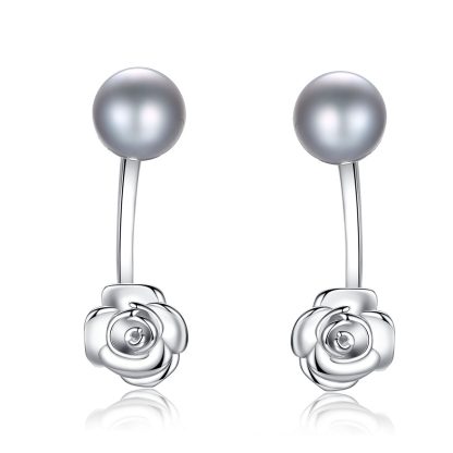 Rose Flower Natural Pearl 925 Silver Dangling Earrings