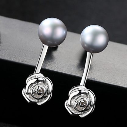 Rose Flower Natural Pearl 925 Silver Dangling Earrings
