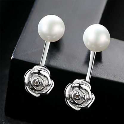 Rose Flower Natural Pearl 925 Silver Dangling Earrings