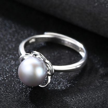Flower Half-Round Natural Pearl 925 Silver Adjustable Ring