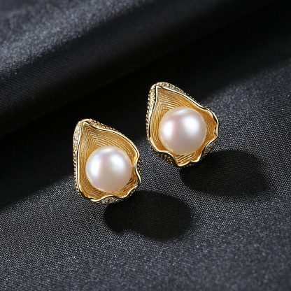 Round Natural Pearl 925 Silver Studs Shell Earrings