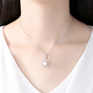 Natural Pearl In Twisted CZ Circle 925 Silver Necklace