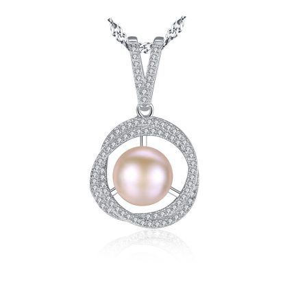 Natural Pearl In Twisted CZ Circle 925 Silver Necklace