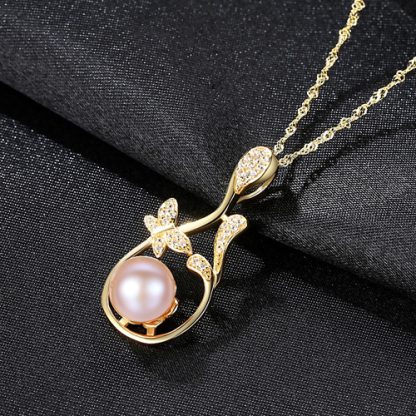 Natural Pearl On CZ Flower Branch 925 Silver Necklace