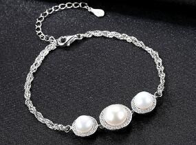Fashion CZ Three Natural Pearls 925 Sterling Silver bracelet