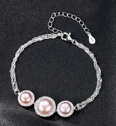 Fashion CZ Three Natural Pearls 925 Sterling Silver bracelet