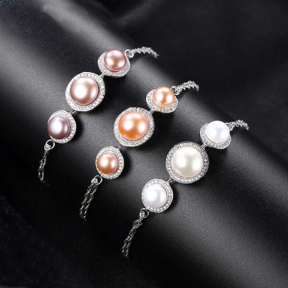 Fashion CZ Three Natural Pearls 925 Sterling Silver bracelet