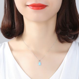 Elegant Rectangle Created Opal Geometry 925 Sterling Silver Necklace