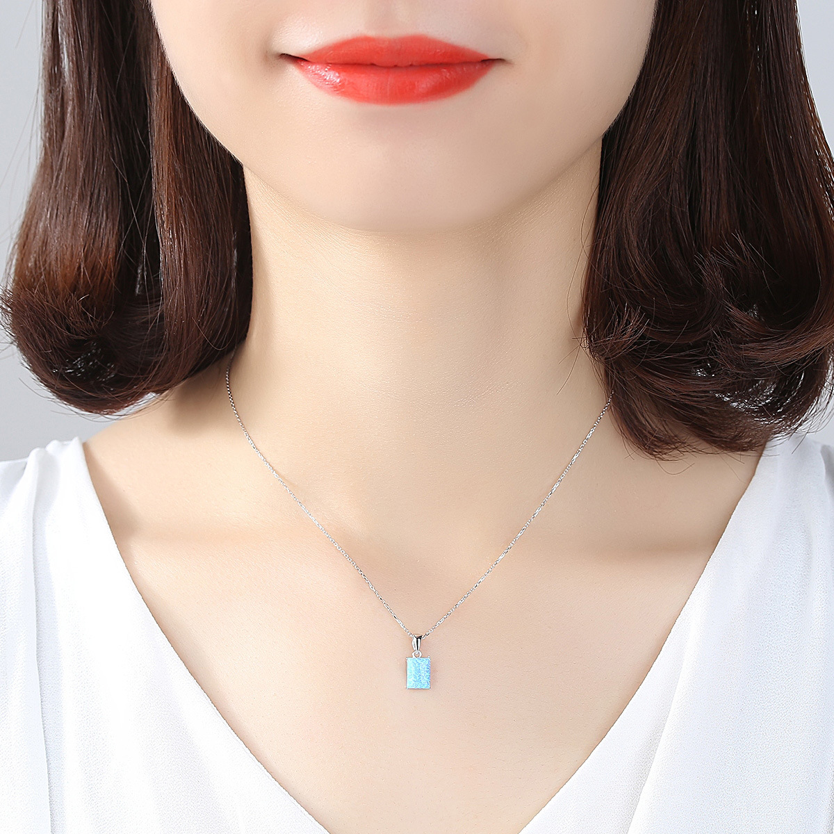 Elegant Rectangle Created Opal Geometry 925 Sterling Silver Necklace