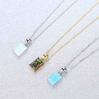 Elegant Rectangle Created Opal Geometry 925 Sterling Silver Necklace