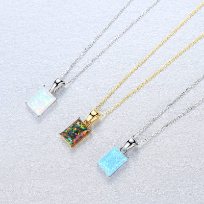 Elegant Rectangle Created Opal Geometry 925 Sterling Silver Necklace