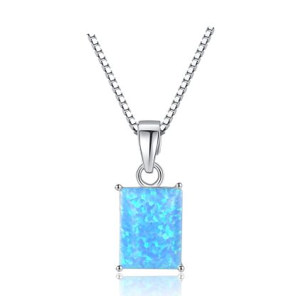 Elegant Rectangle Created Opal Geometry 925 Sterling Silver Necklace