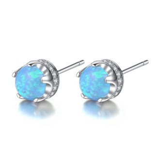 Simple Round Created Opal CZ 925 Sterling Silver Stud Earrings