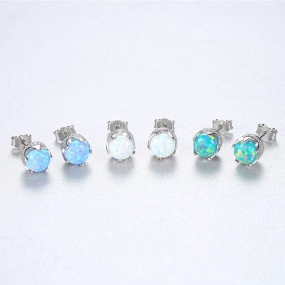 Simple Round Created Opal CZ 925 Sterling Silver Stud Earrings