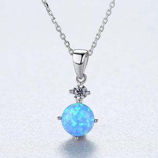 Simple Round Created Opal CZ 925 Sterling Silver Necklace