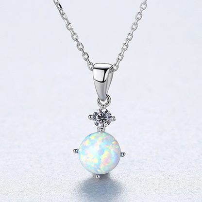 Simple Round Created Opal CZ 925 Sterling Silver Necklace