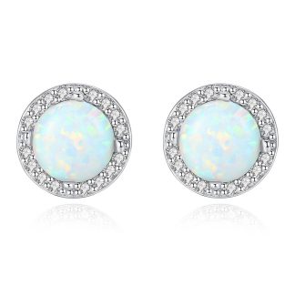 Beautiful Round CZ Created Opal 925 Sterling Silver Studs Earrings