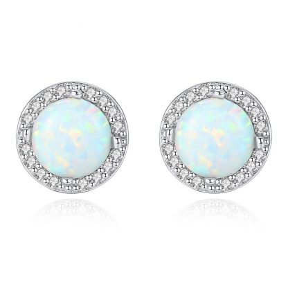 Beautiful Round CZ Created Opal 925 Sterling Silver Studs Earrings