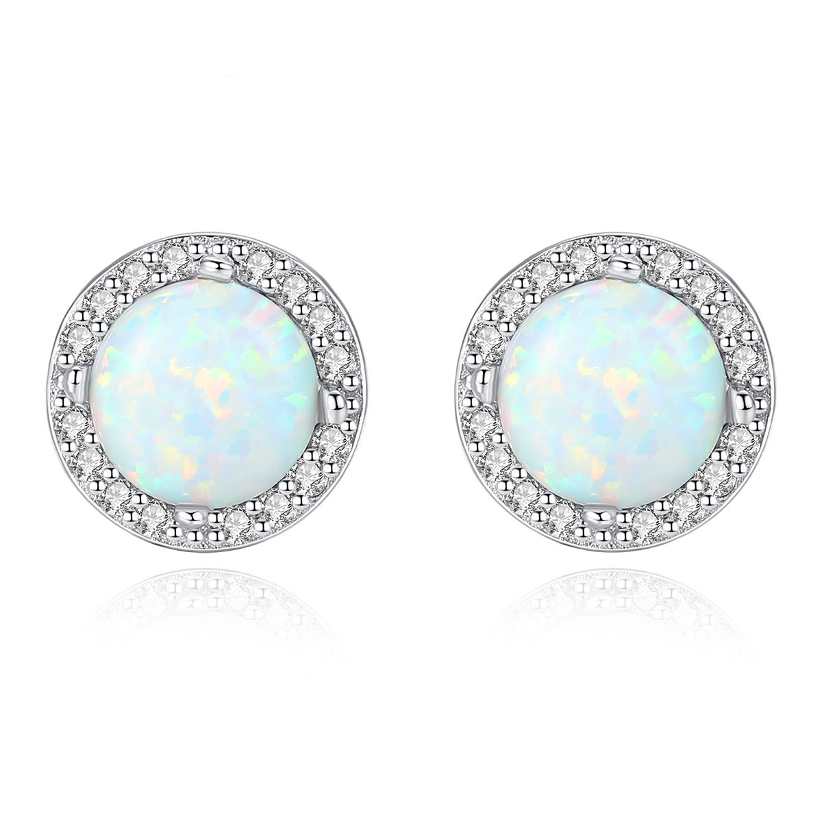Beautiful Round CZ Created Opal 925 Sterling Silver Studs Earrings