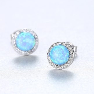 Beautiful Round CZ Created Opal 925 Sterling Silver Studs Earrings