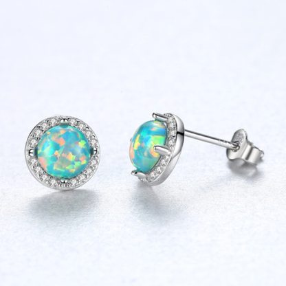 Beautiful Round CZ Created Opal 925 Sterling Silver Studs Earrings