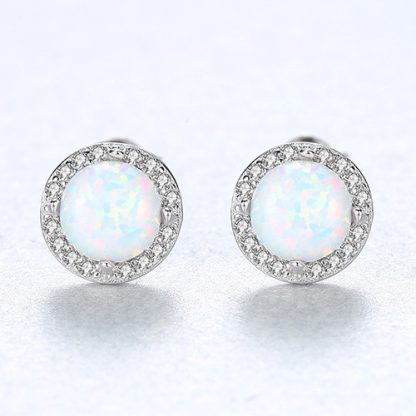 Beautiful Round CZ Created Opal 925 Sterling Silver Studs Earrings