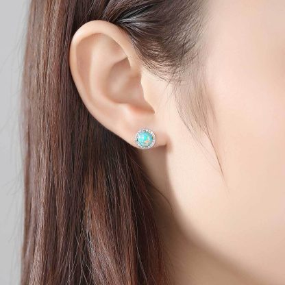 Beautiful Round CZ Created Opal 925 Sterling Silver Studs Earrings