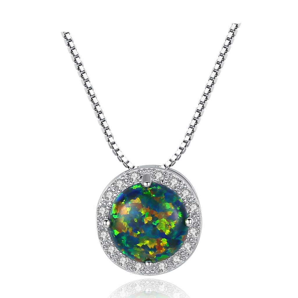 Simple Round CZ Created Opal 925 Sterling Silver Necklace