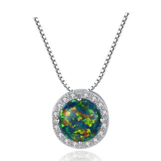 Simple Round CZ Created Opal 925 Sterling Silver Necklace