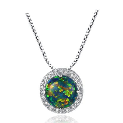 Simple Round CZ Created Opal 925 Sterling Silver Necklace
