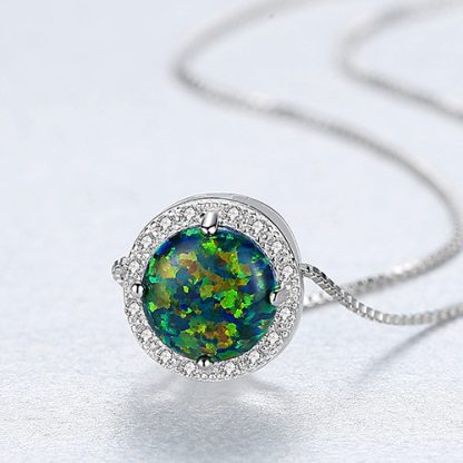 Simple Round CZ Created Opal 925 Sterling Silver Necklace